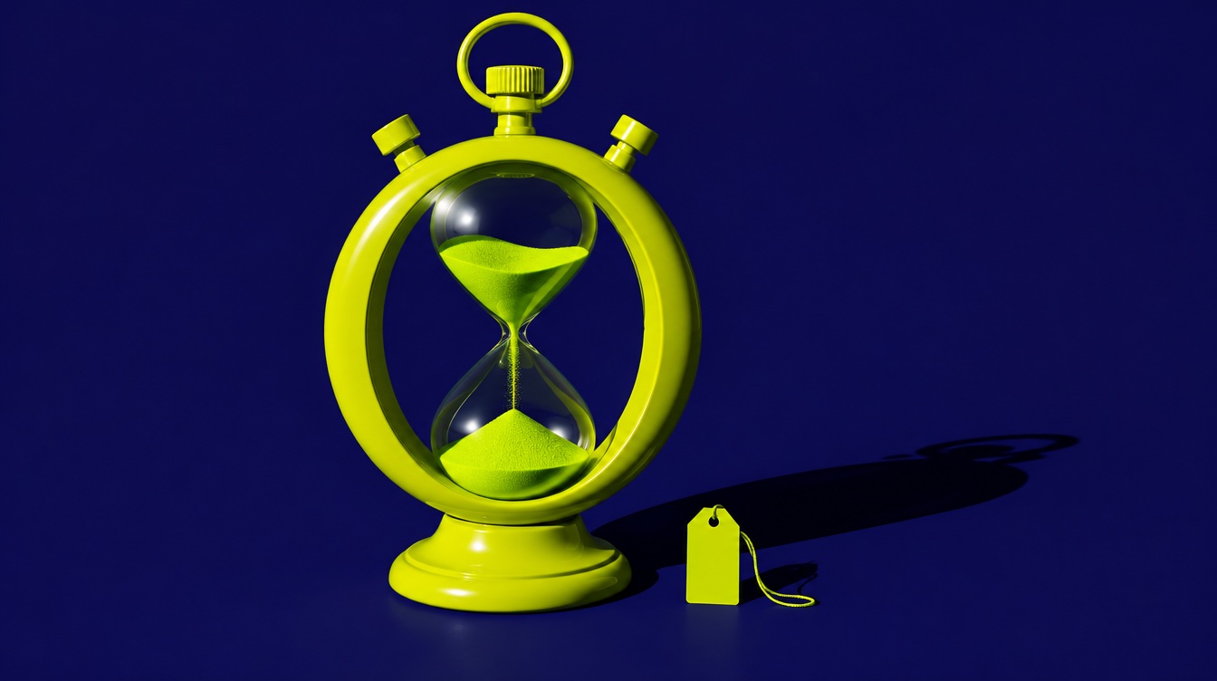A lime hourglass inside a stopwatch beside a price tag