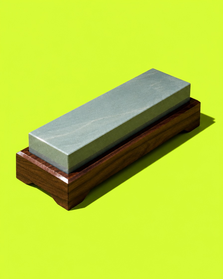 Whetstone on a walnut base, on a lime background